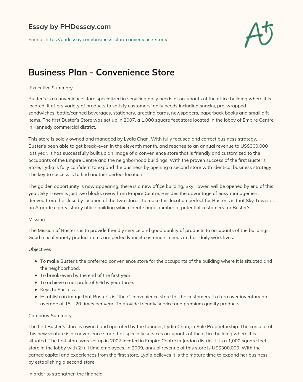 convenience store sample business plan