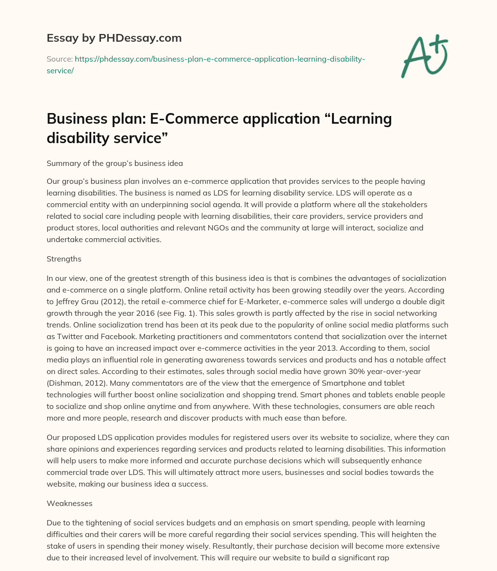 Business plan: E-Commerce application “Learning disability service” essay