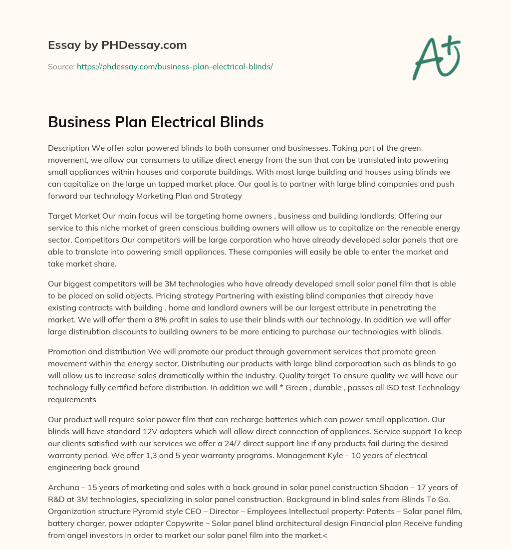 Business Plan Electrical Blinds essay