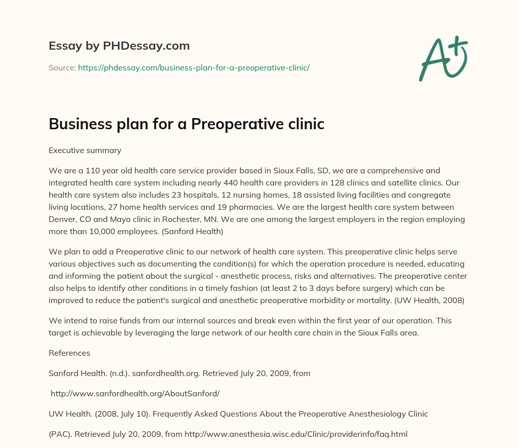 Business plan for a Preoperative clinic essay