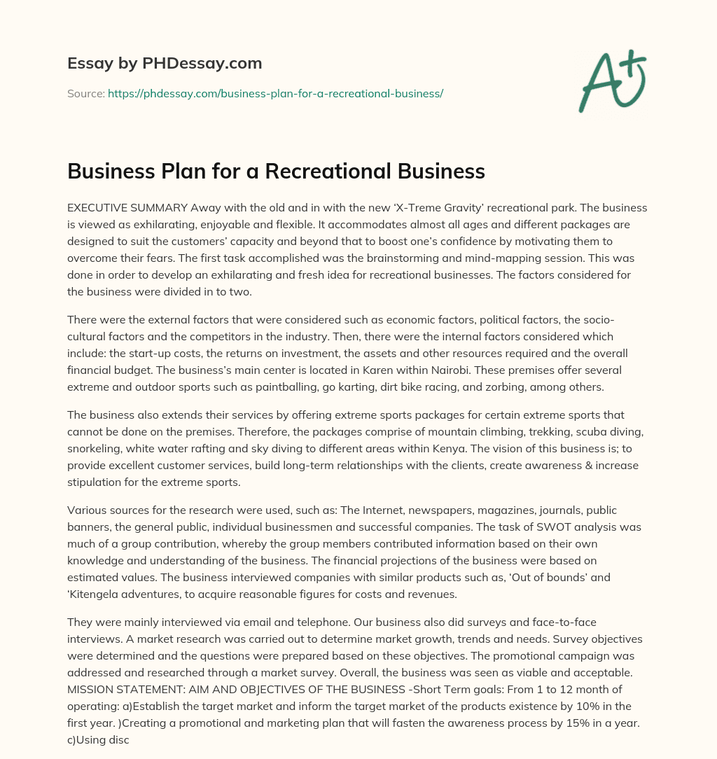 Business Plan for a Recreational Business essay