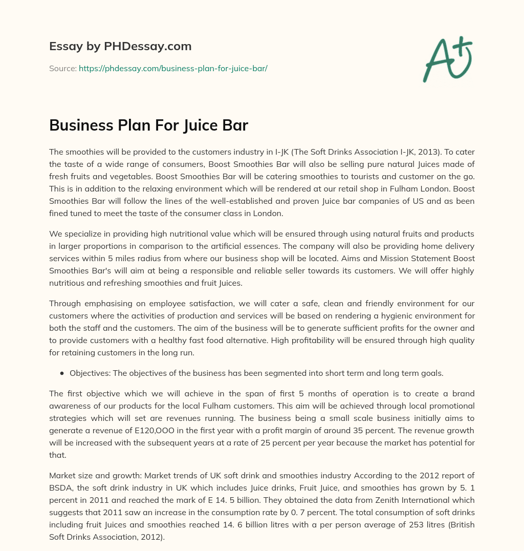 Business Plan For Juice Bar essay