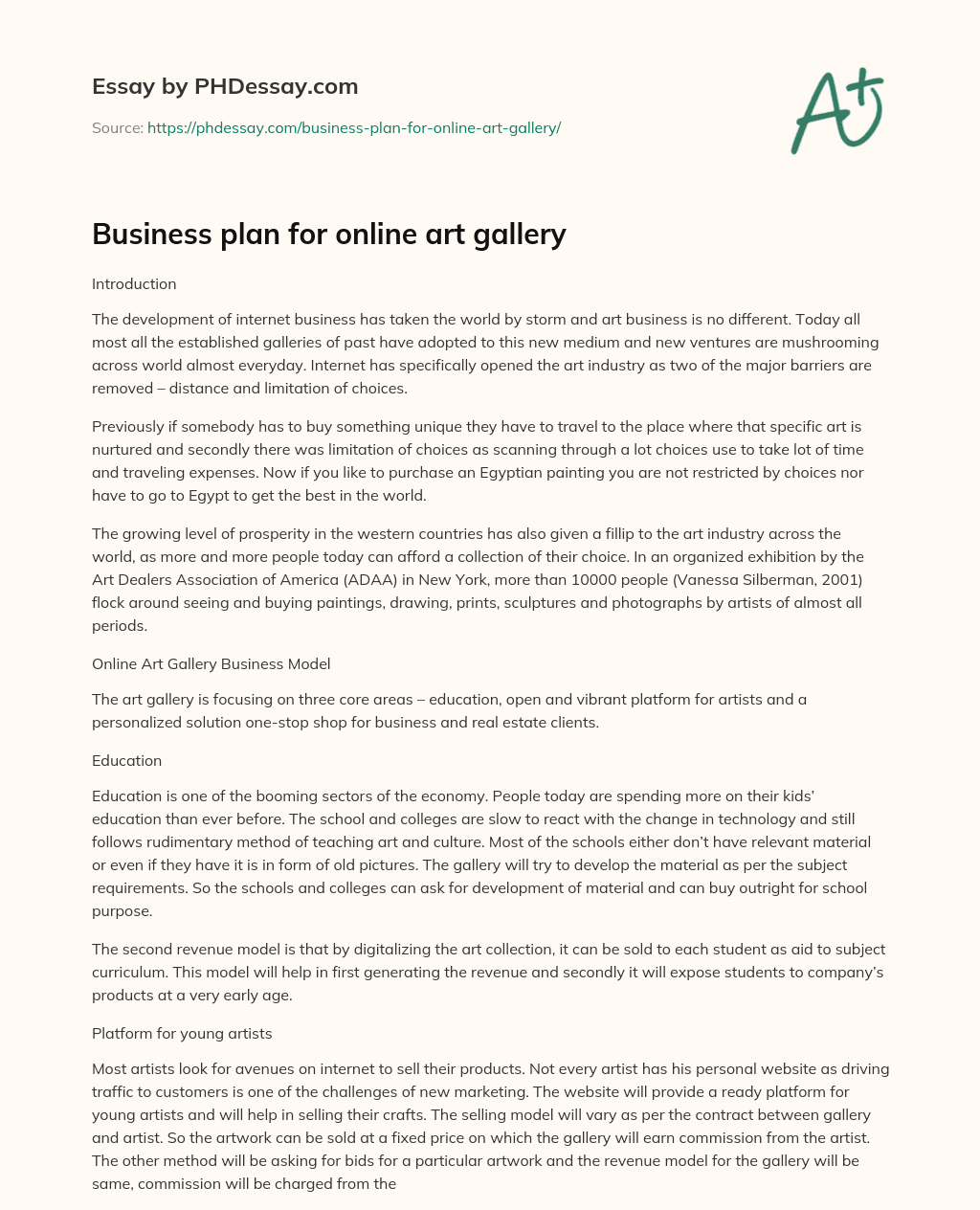 Business plan for online art gallery essay