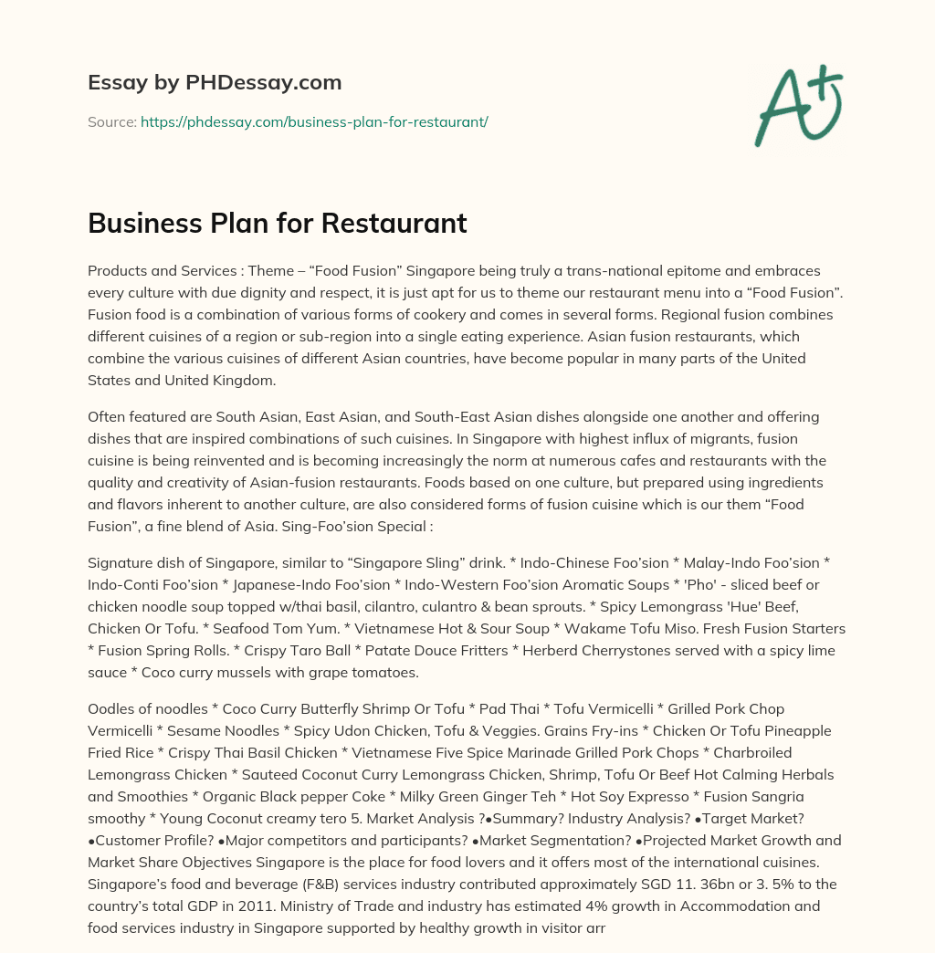 Business Plan for Restaurant essay