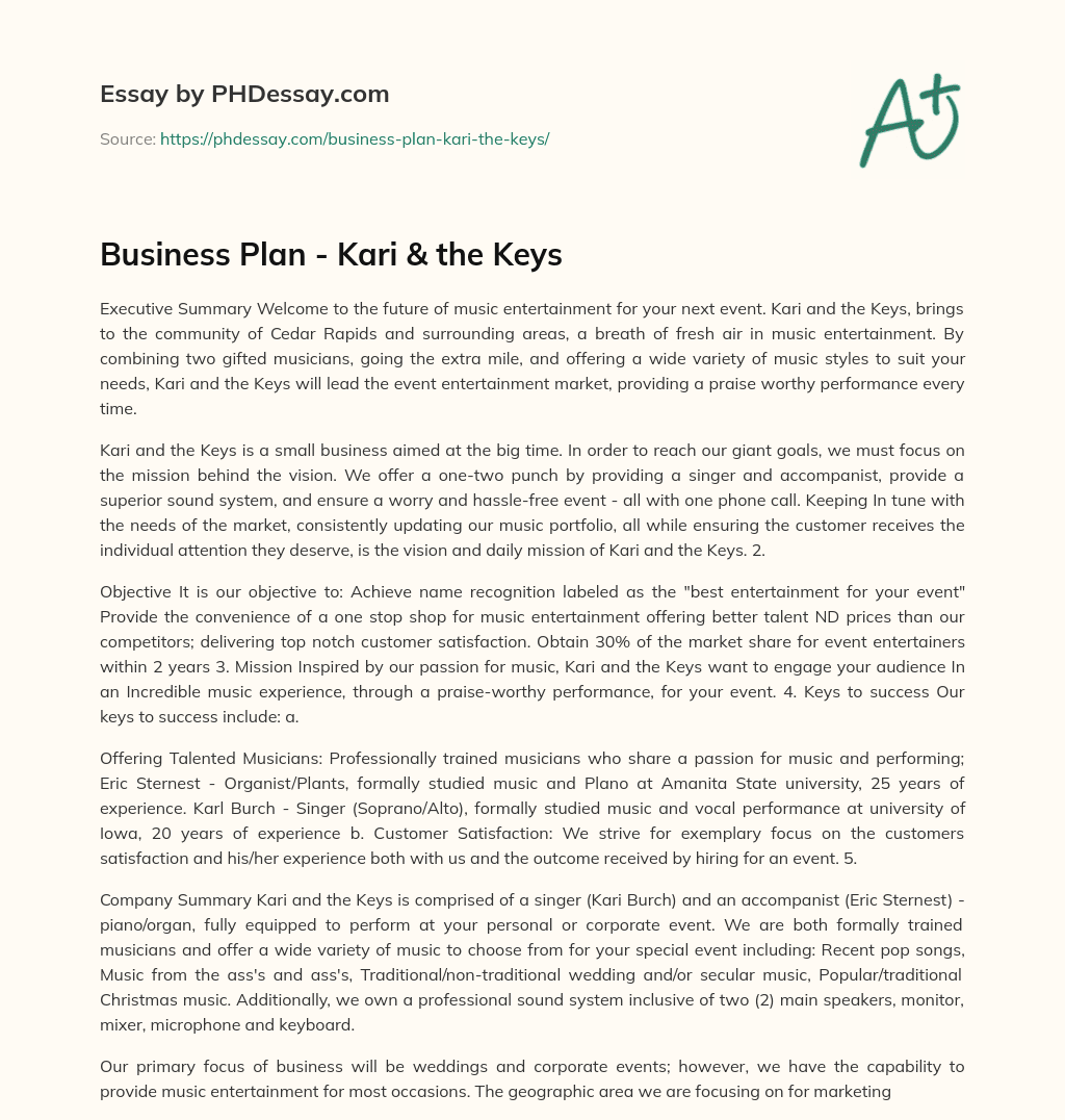 Business Plan – Kari & the Keys essay