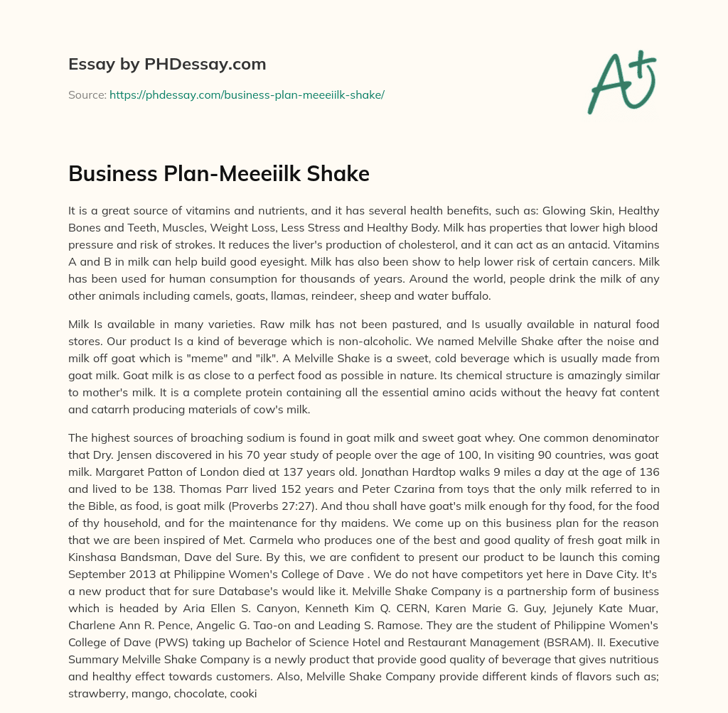Business Plan-Meeeiilk Shake essay
