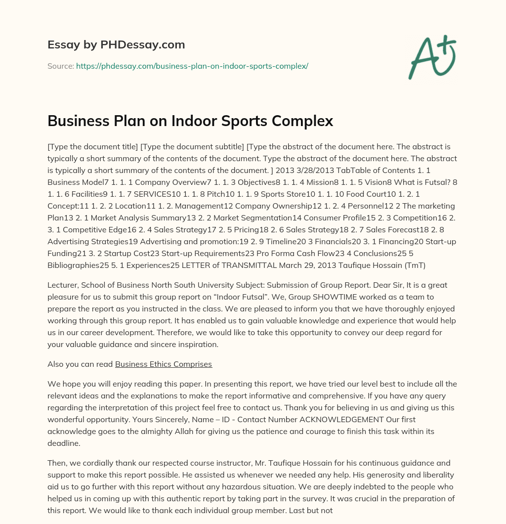 Business Plan on Indoor Sports Complex essay
