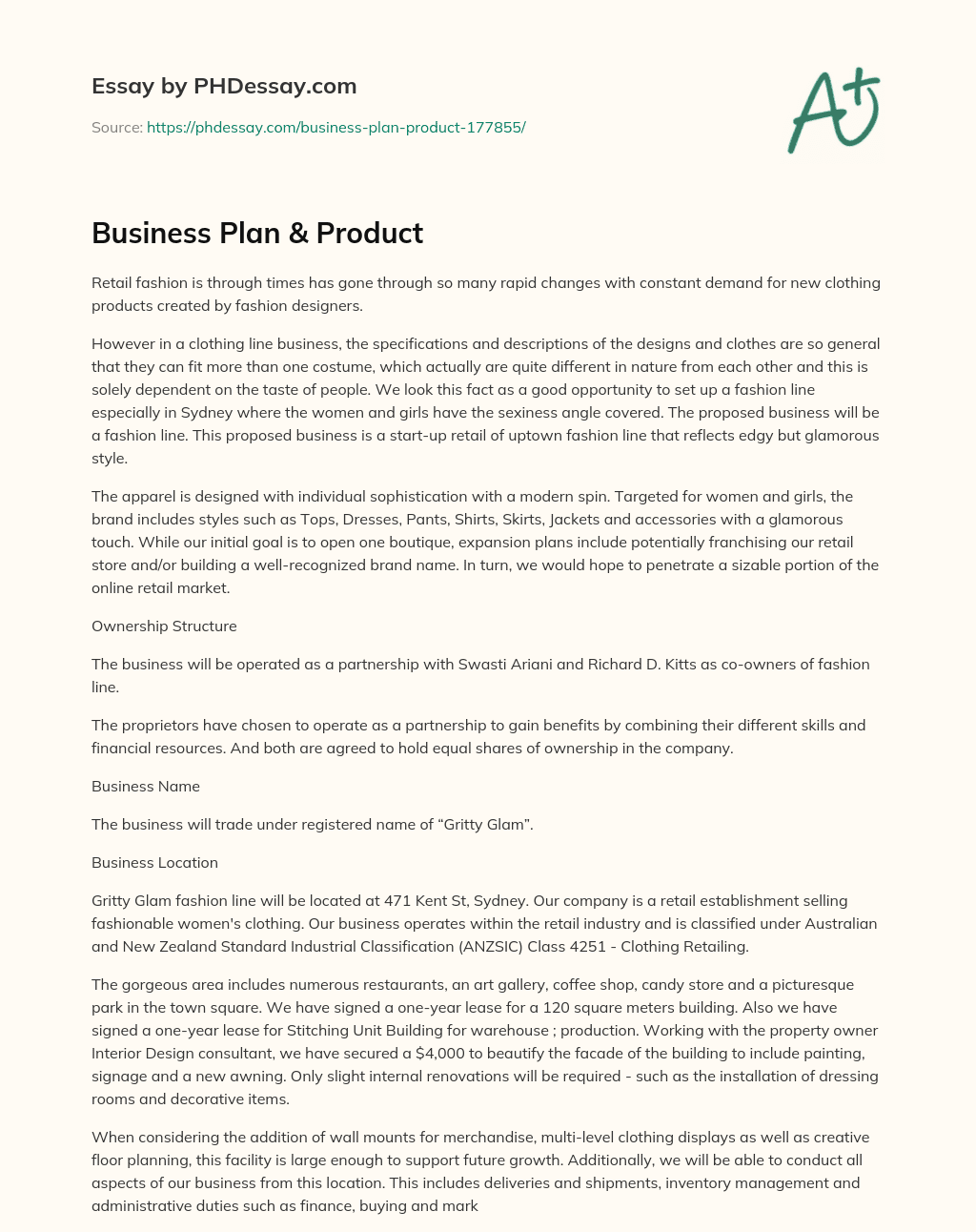 Business Plan & Product essay