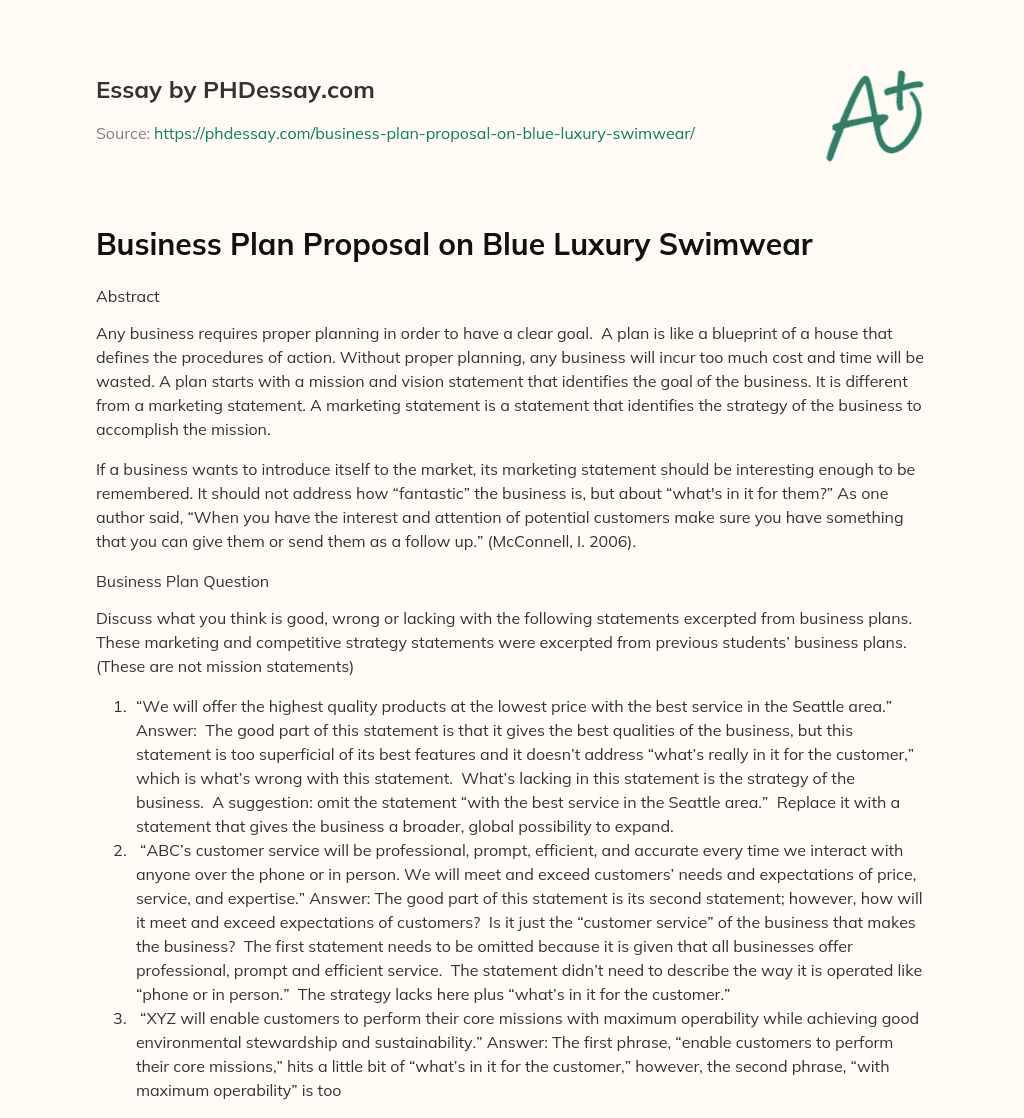 Business Plan Proposal on Blue Luxury Swimwear