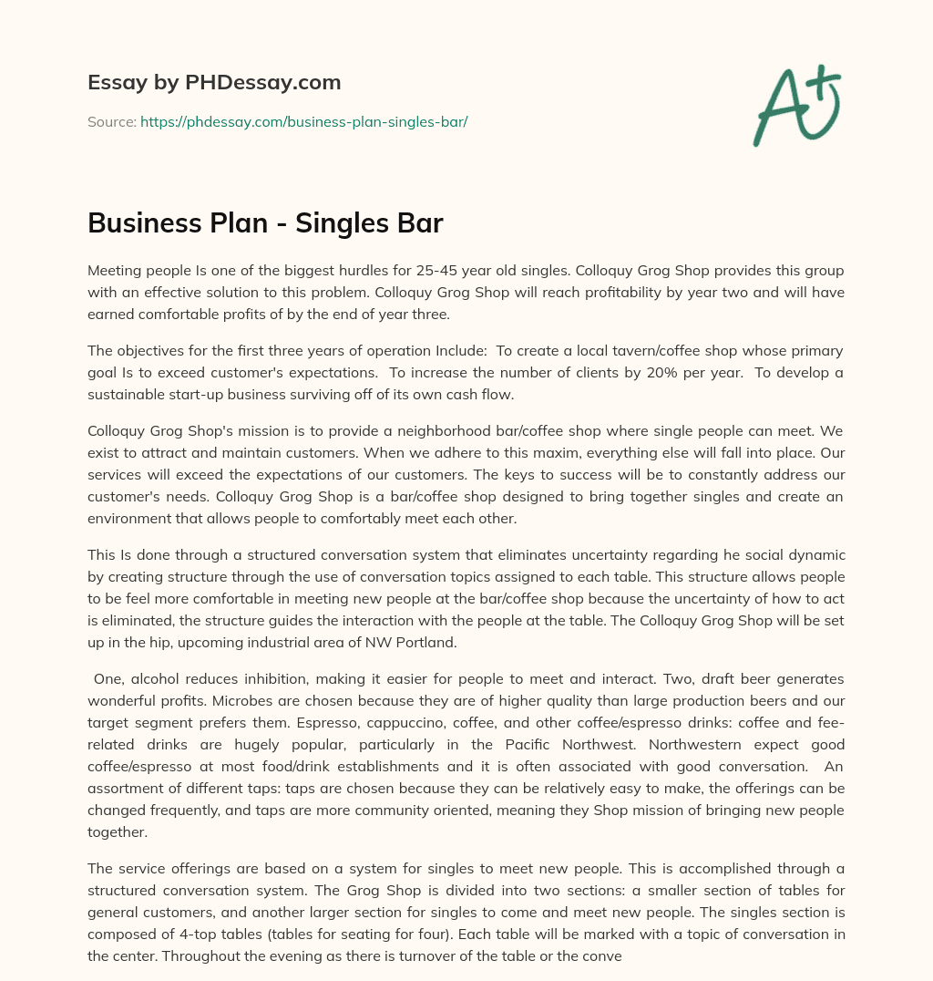 Business Plan – Singles Bar essay