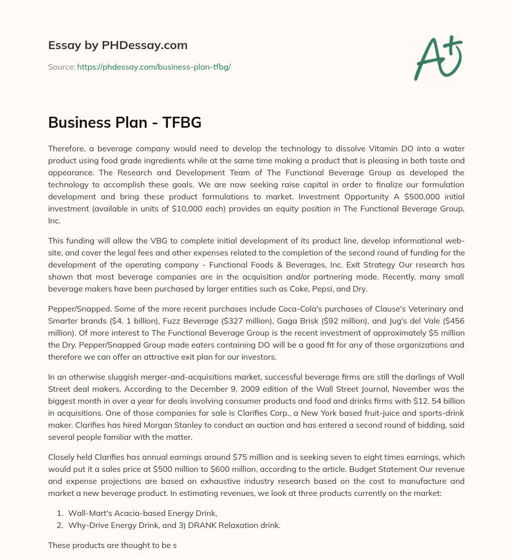 Business Plan – TFBG essay