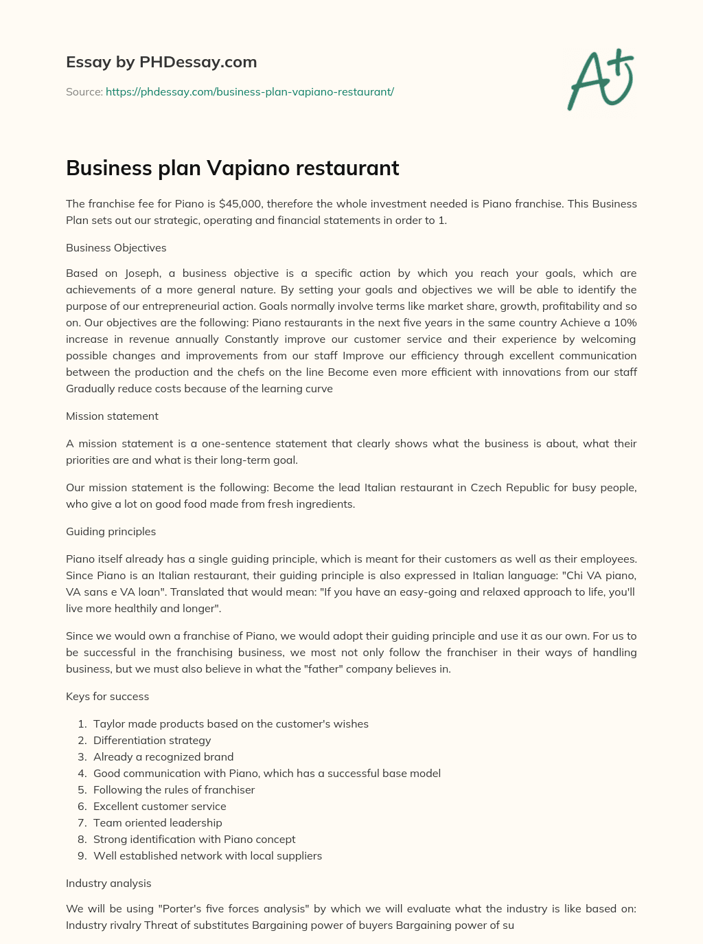 Business plan Vapiano restaurant essay