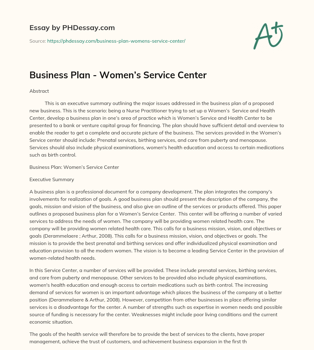 Business Plan – Women’s Service Center essay