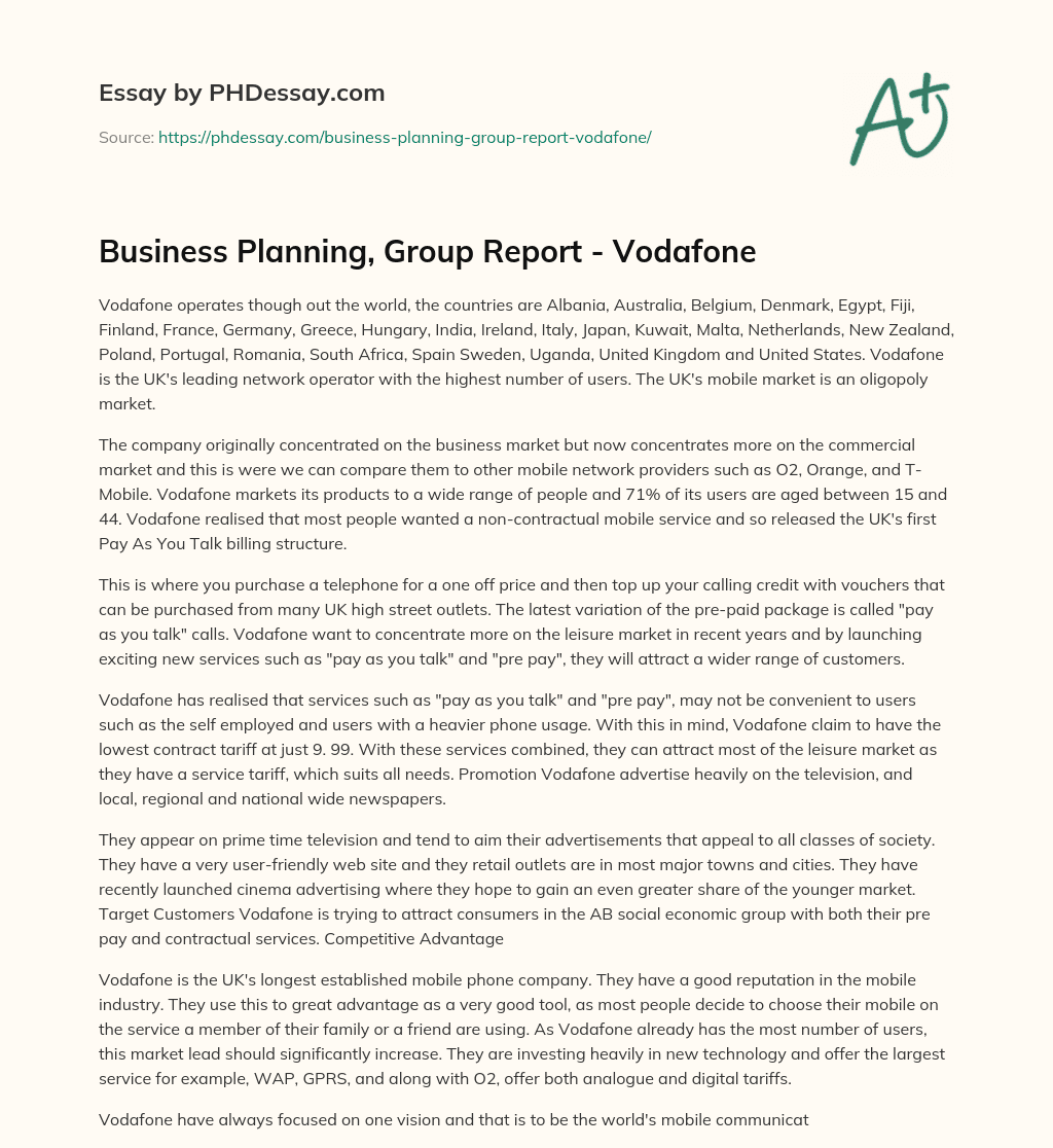 Business Planning, Group Report – Vodafone essay