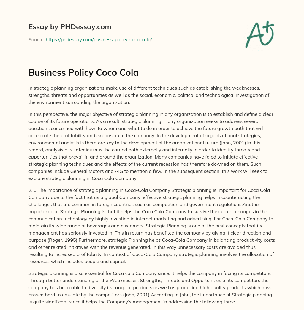 Business Policy Coco Cola essay
