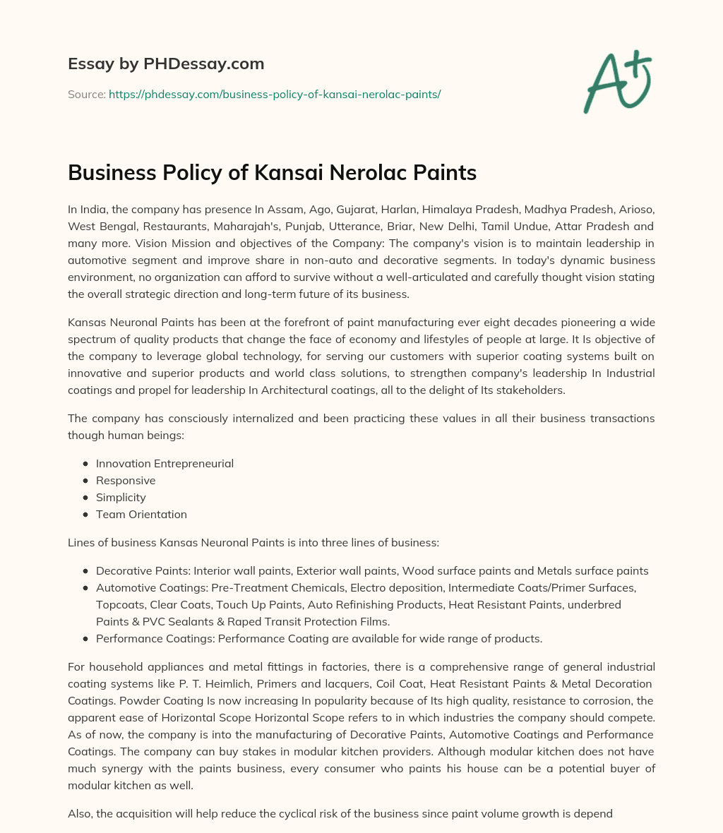 Business Policy of Kansai Nerolac Paints essay