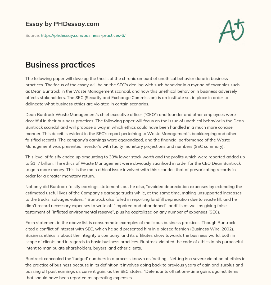 Unethical Business Practices and the SEC’s Response to the Waste Management Scandal essay