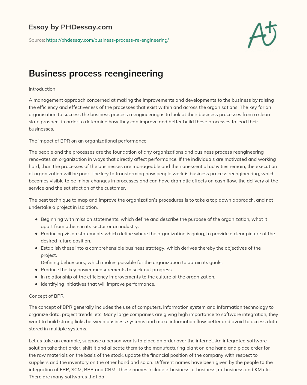 Business Process Reengineering: Improving Efficiency and Effectiveness for Organizational Success essay