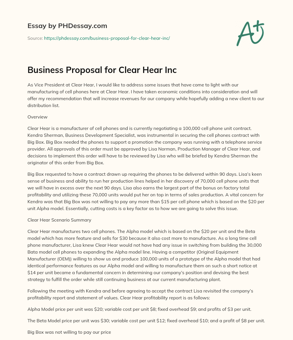 Business Proposal for Clear Hear Inc essay