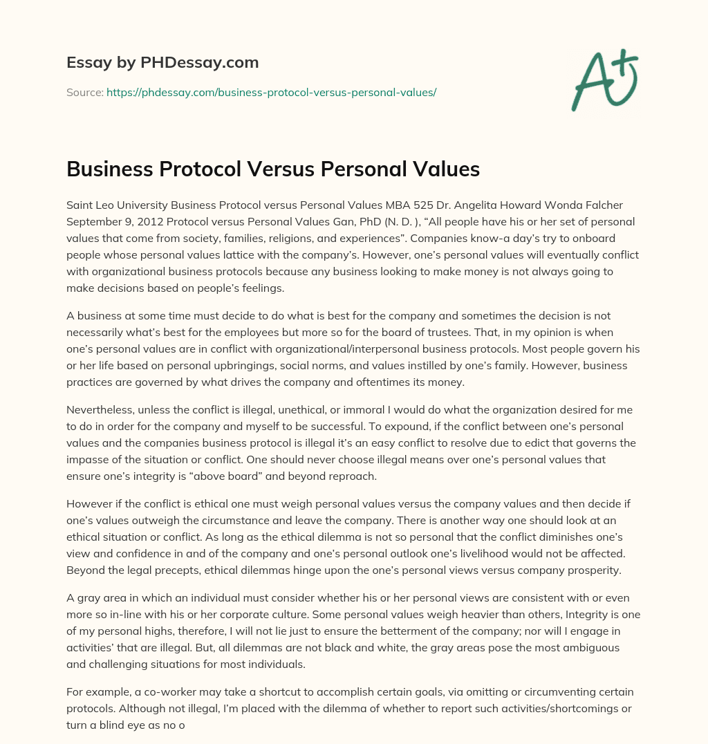 Business Protocol Versus Personal Values essay