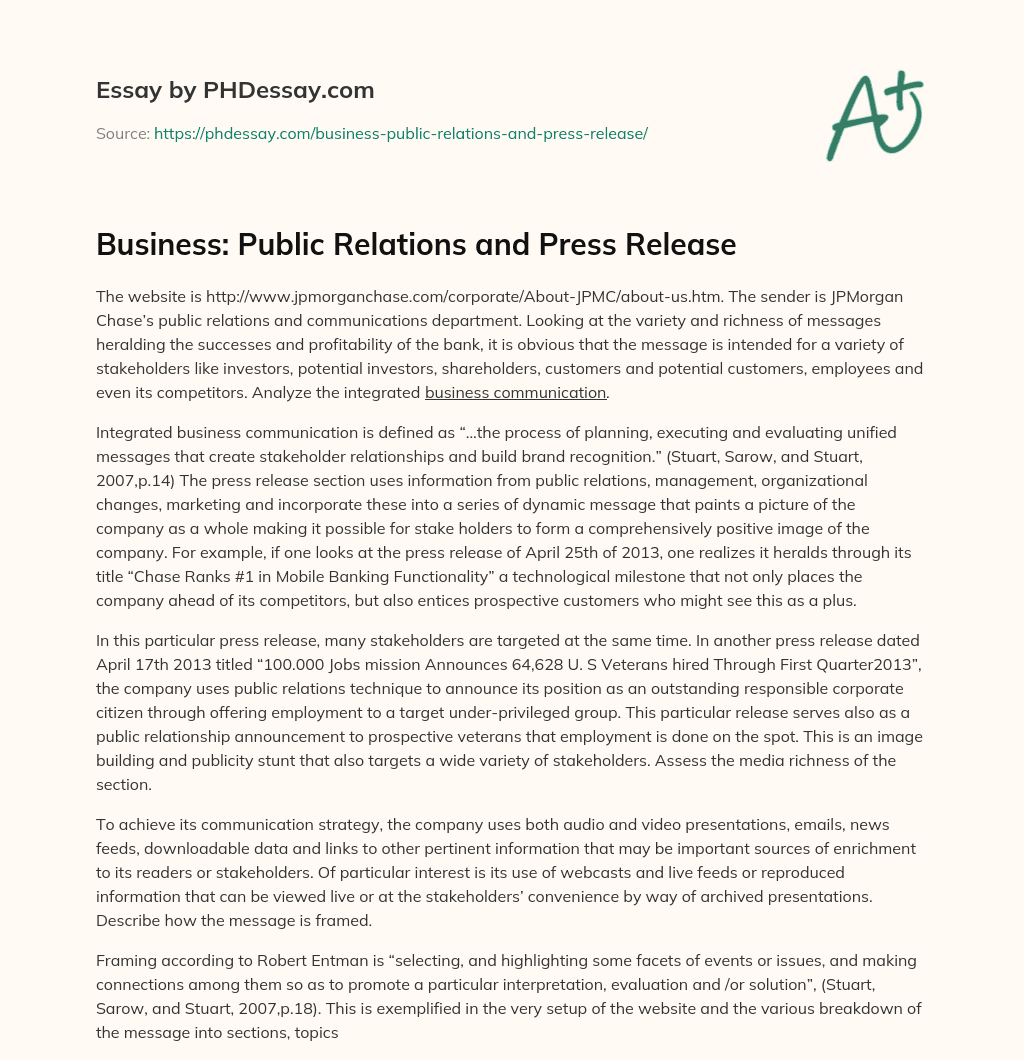 Business: Public Relations and Press Release essay