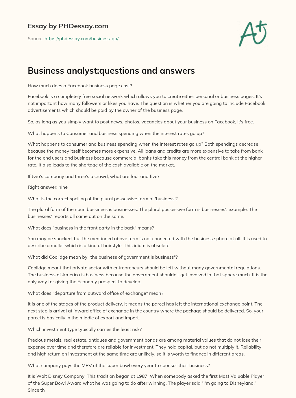 Business analyst:questions and answers essay