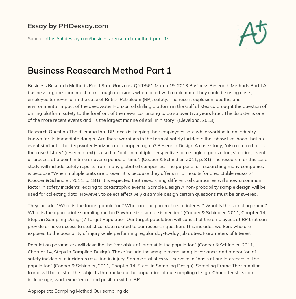 Business Reasearch Method Part 1 essay