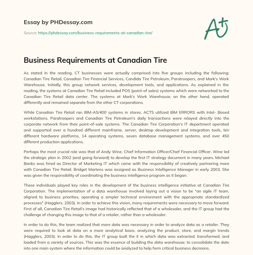 Business Requirements at Canadian Tire essay
