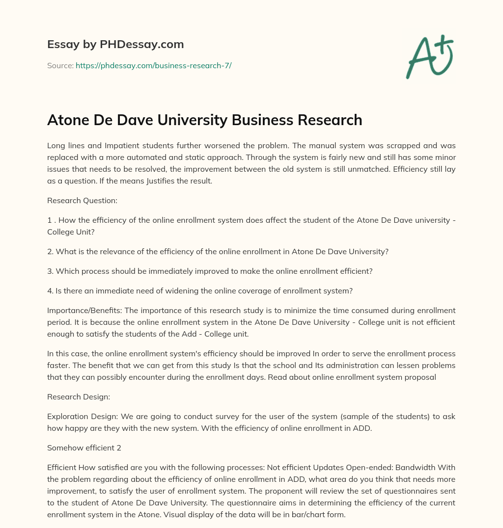 Atone De Dave University Business Research essay