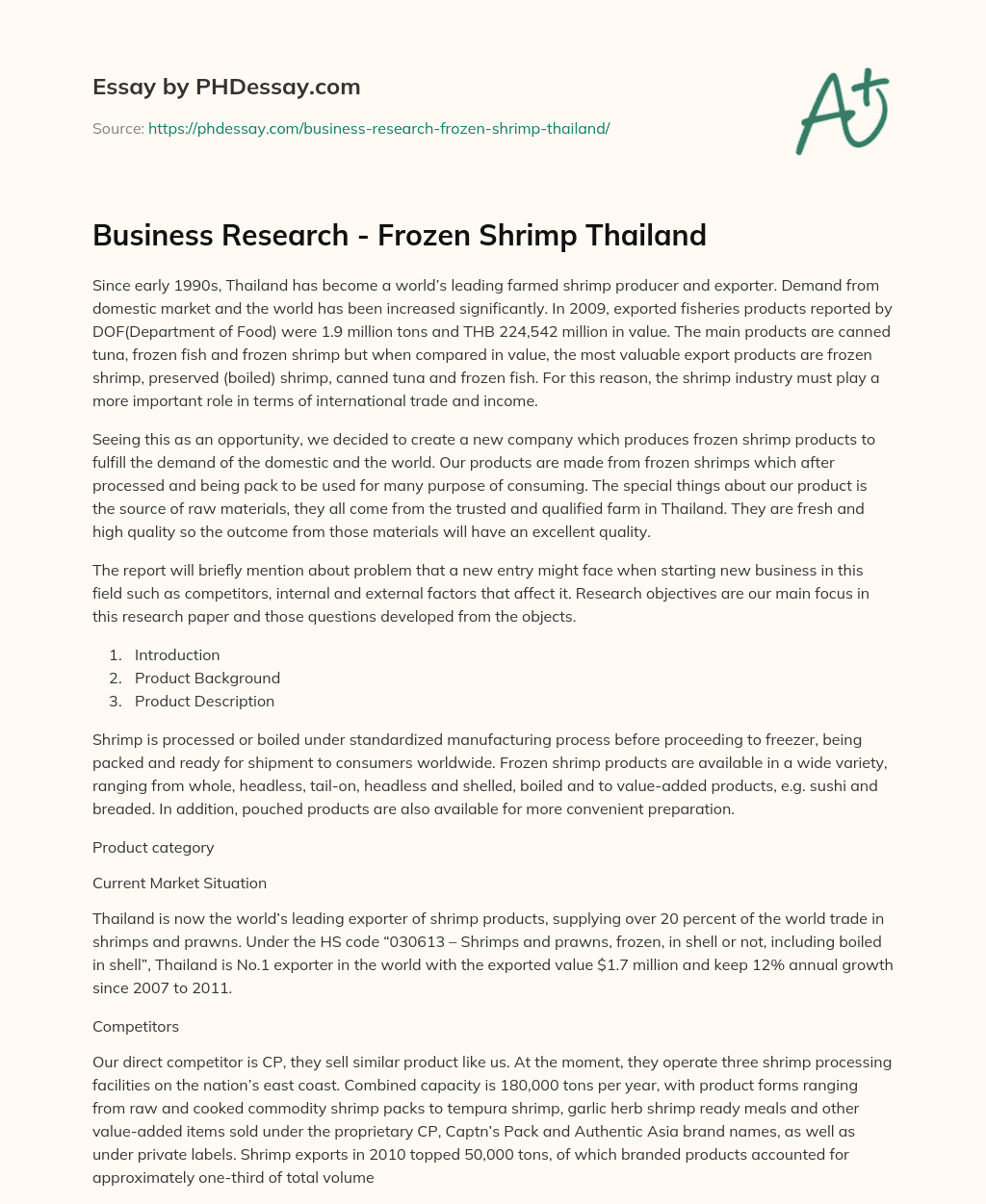 Business Research – Frozen Shrimp Thailand essay