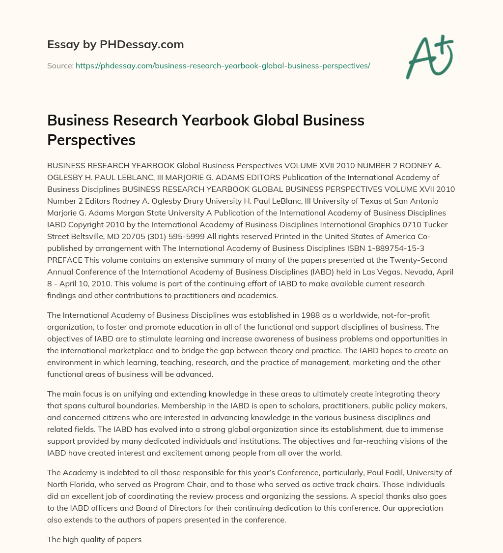 Business Research Yearbook Global Business Perspectives essay