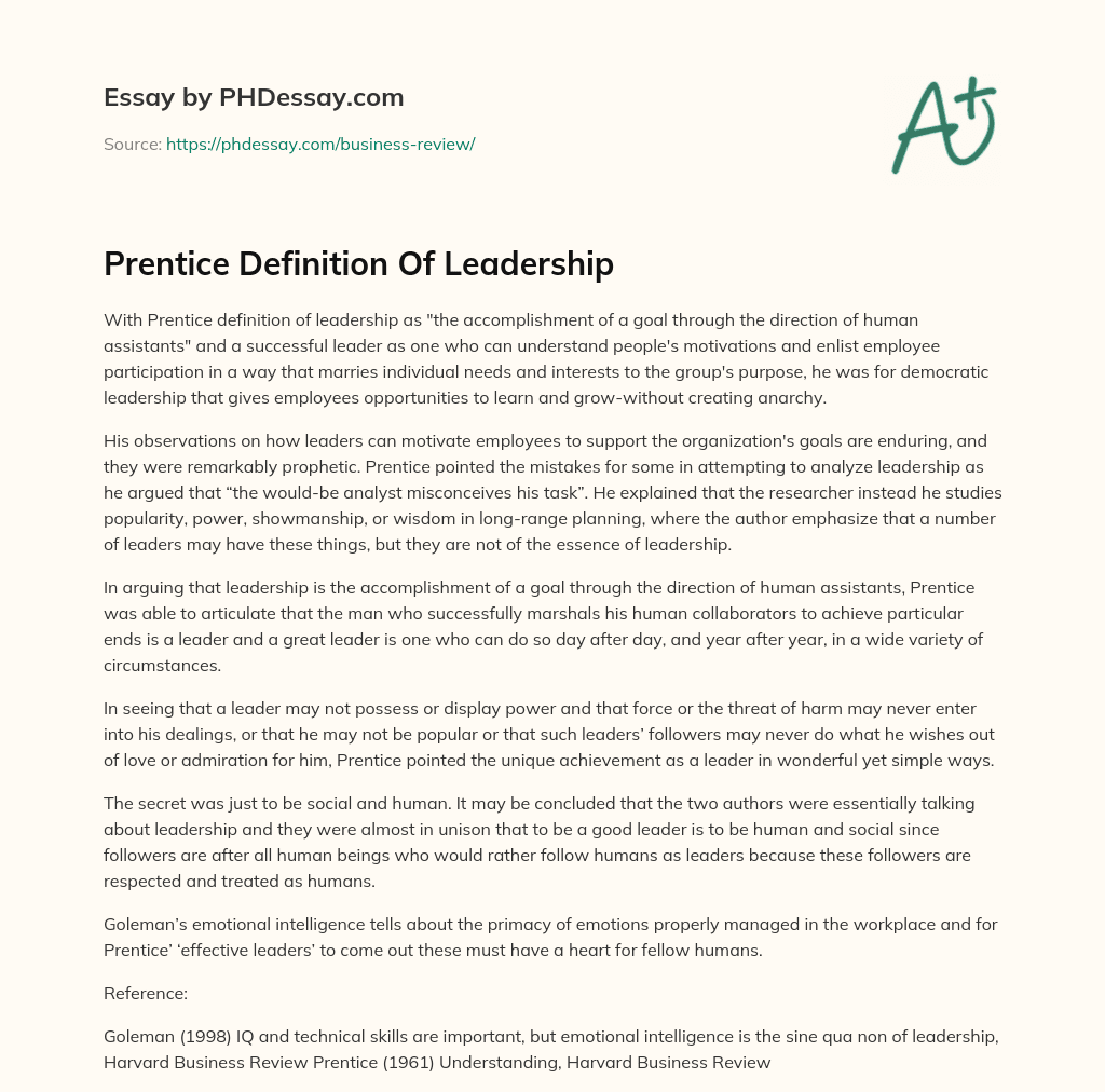 Prentice Definition Of Leadership essay