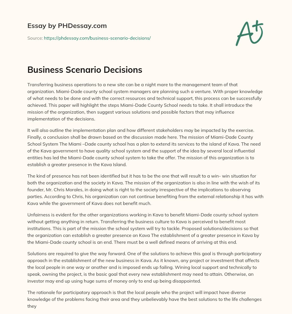 Business Scenario Decisions essay