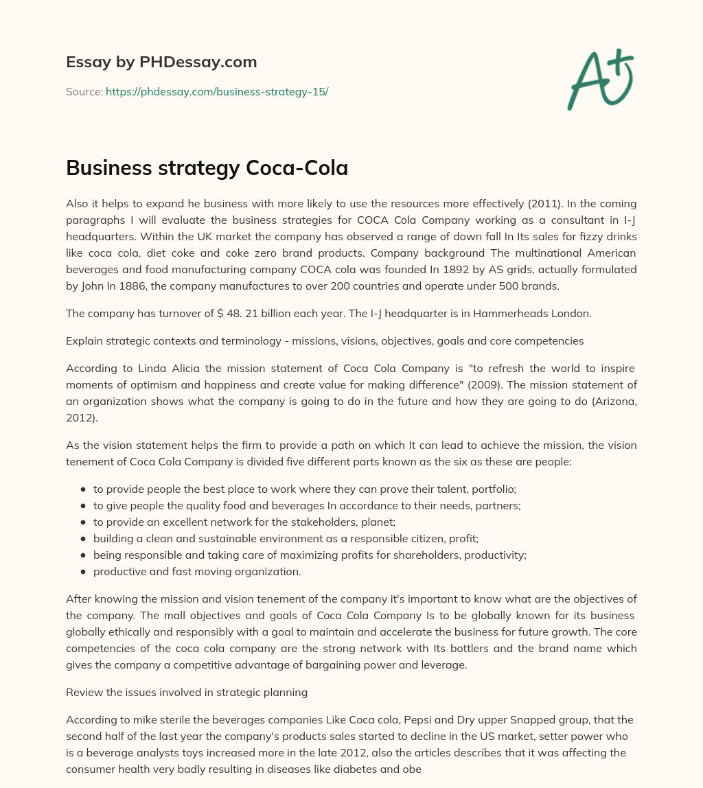 Business Strategy Coca-Cola Analysis Example - PHDessay.com