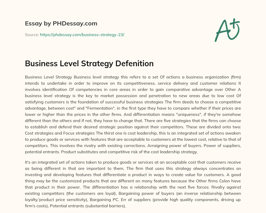 Business Level Strategy Defenition essay