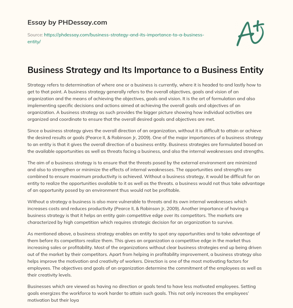 Business Strategy and Its Importance to a Business Entity essay