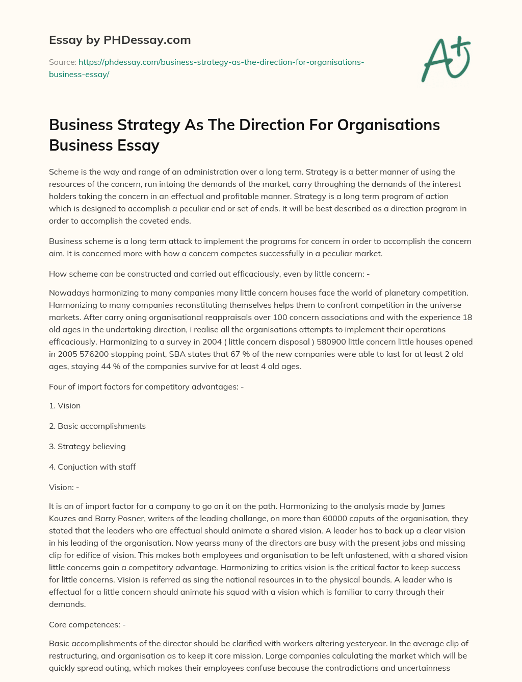 Business Strategy As The Direction For Organisations Business Essay essay