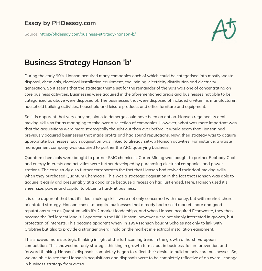Business Strategy Hanson ‘b’ essay