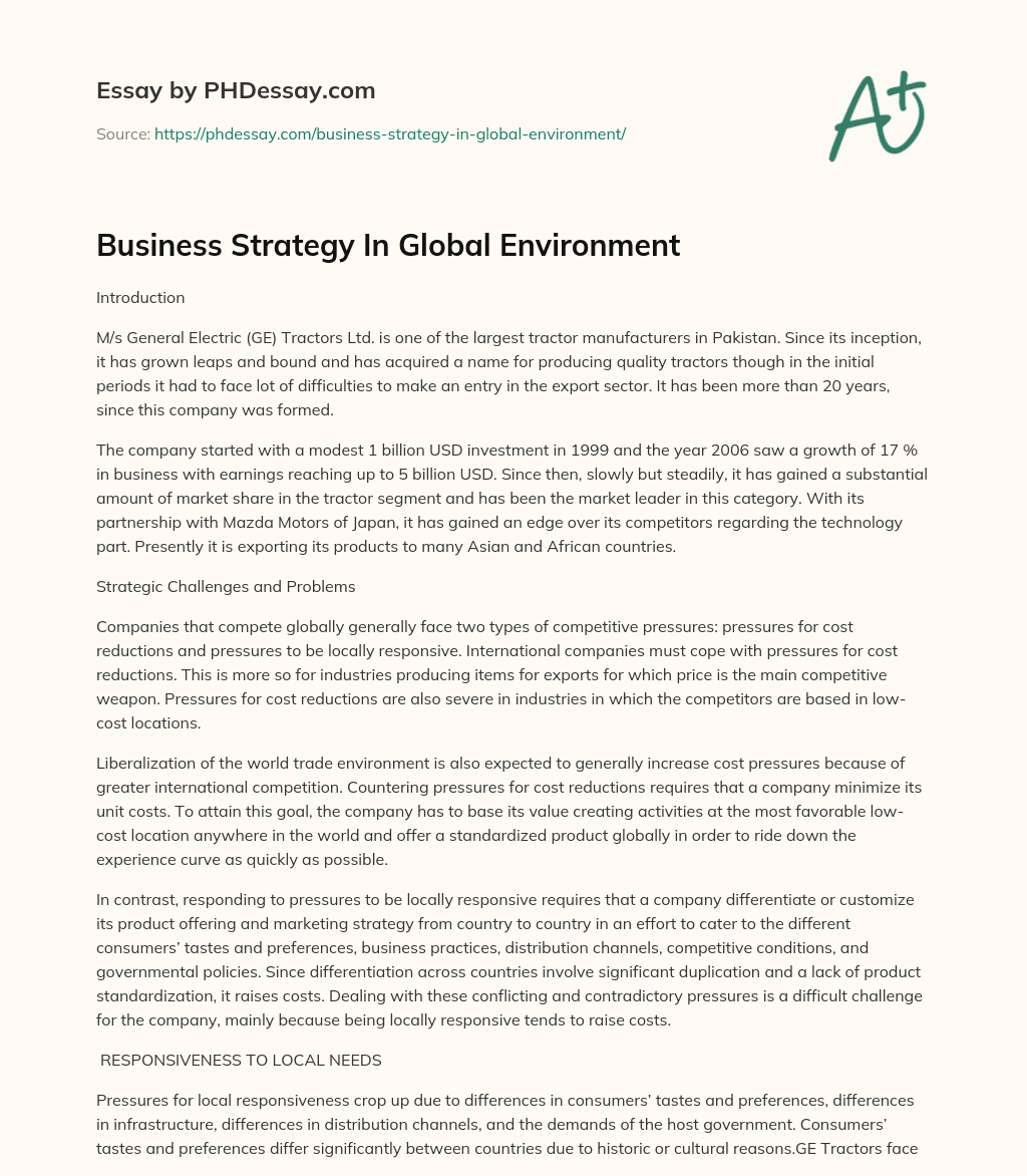 Business Strategy In Global Environment essay