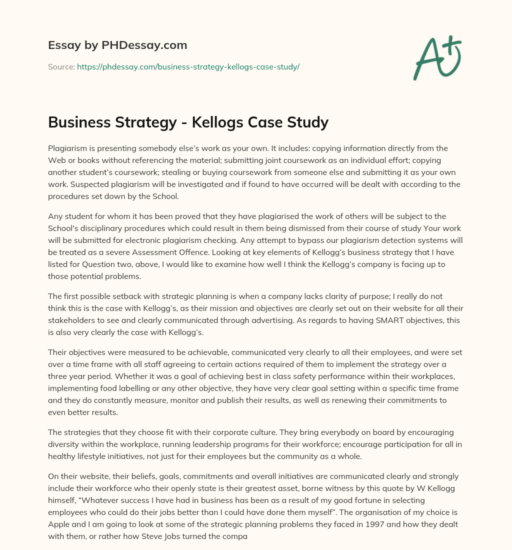 Business Strategy – Kellogs Case Study essay