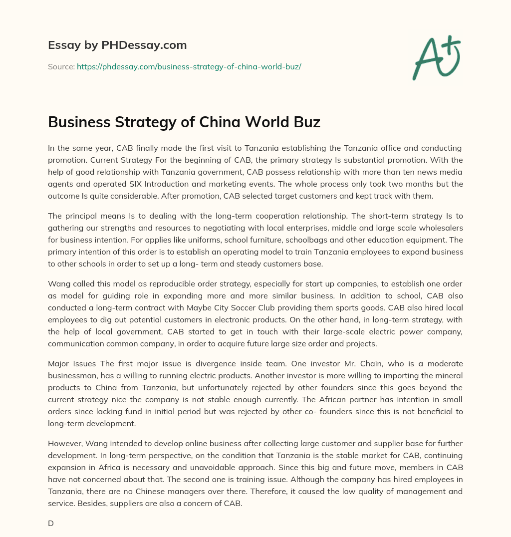 Business Strategy of China World Buz essay