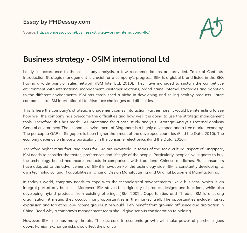 Business strategy – OSIM international Ltd essay