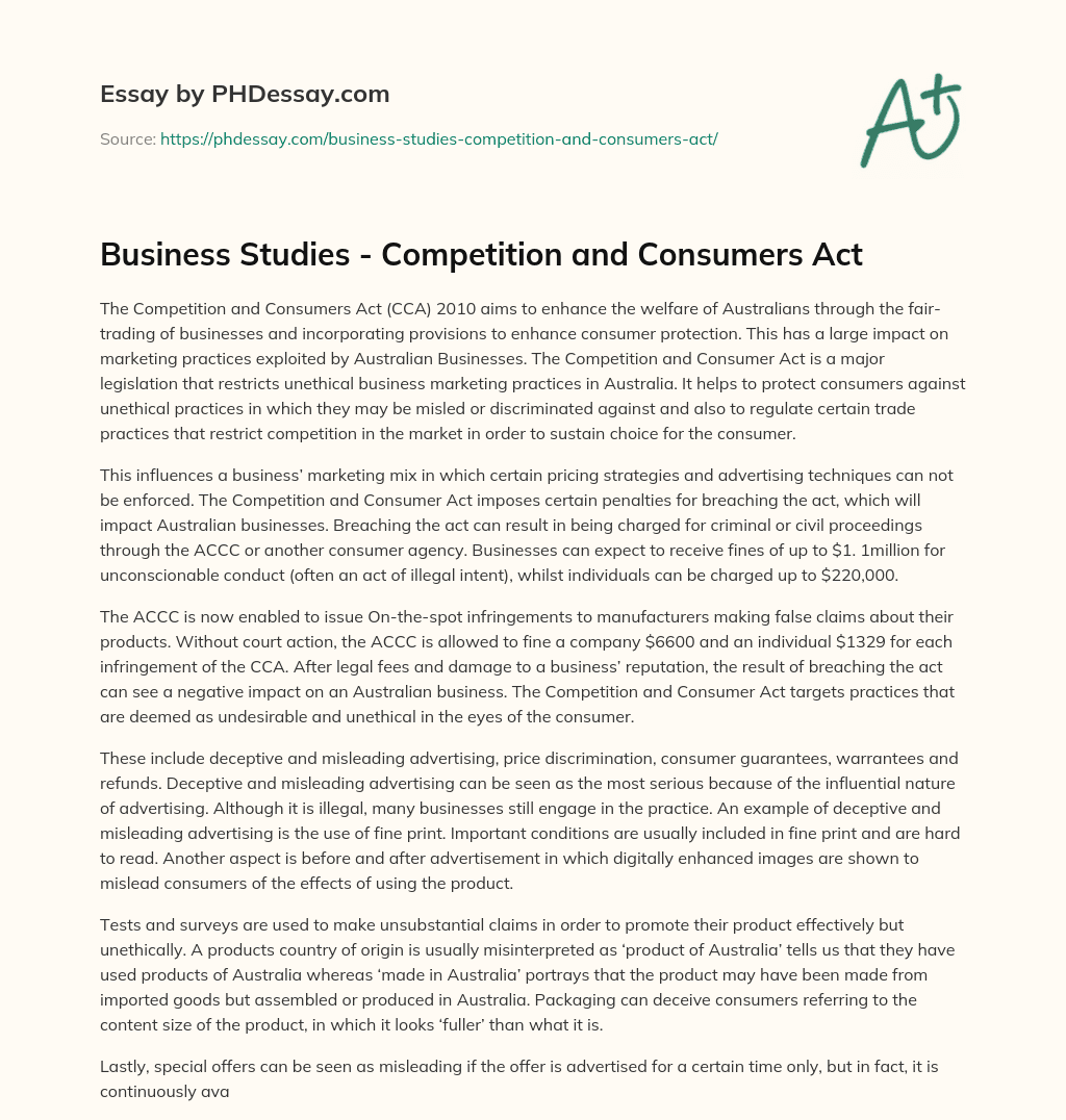 Business Studies – Competition and Consumers Act essay