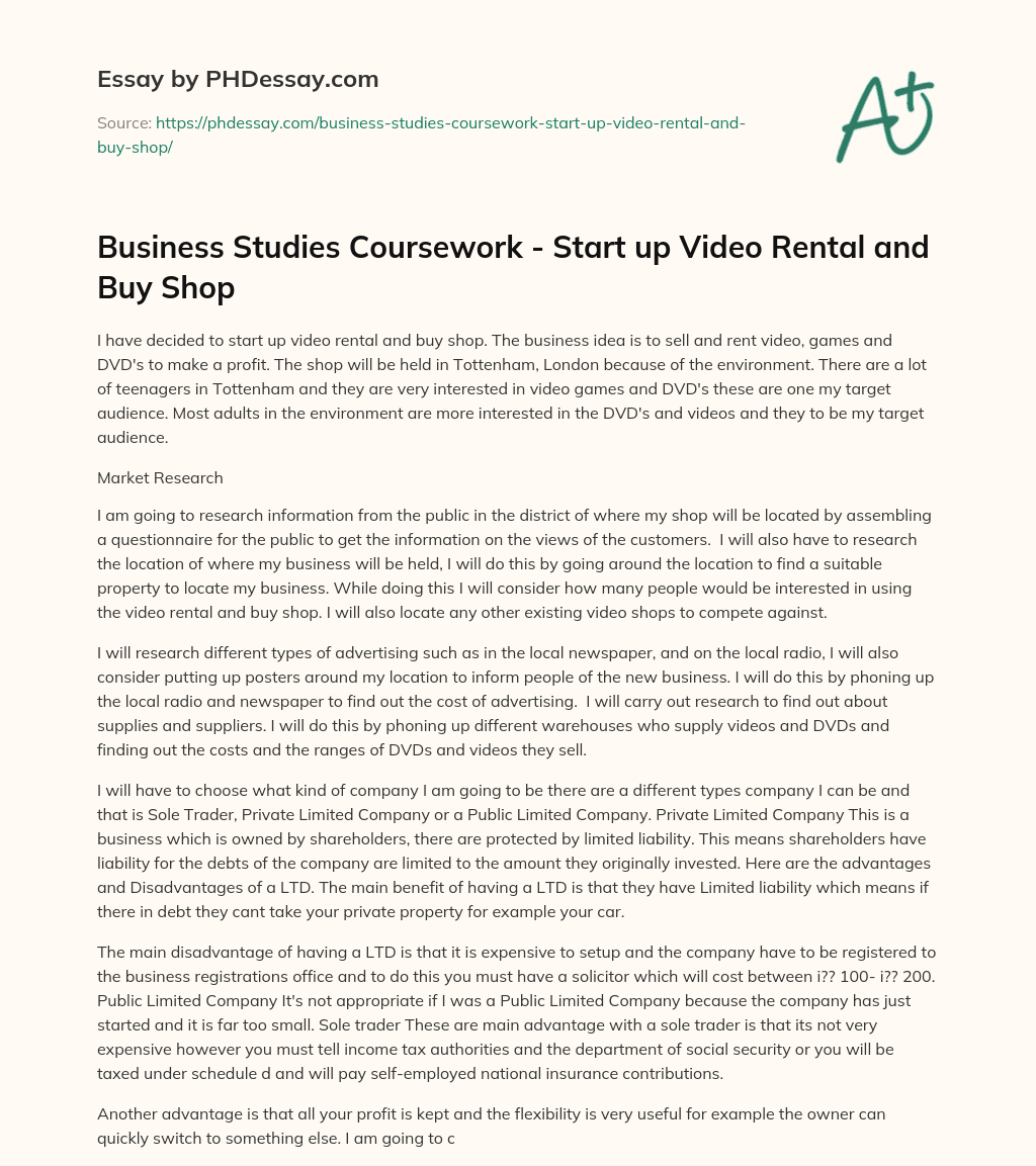 Business Studies Coursework – Start up Video Rental and Buy Shop essay