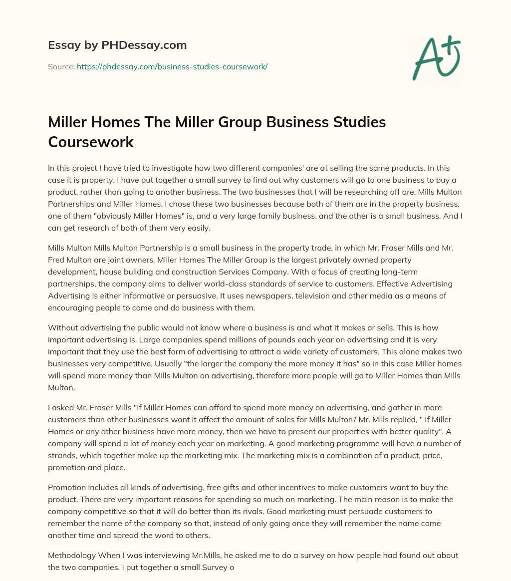 Miller Homes The Miller Group Business Studies Coursework essay