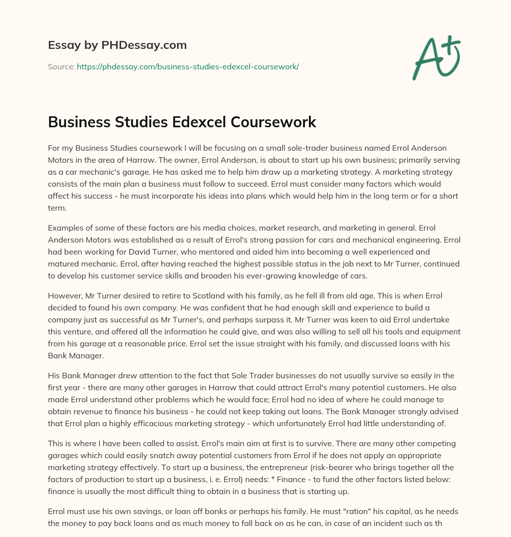 Business Studies Edexcel Coursework essay