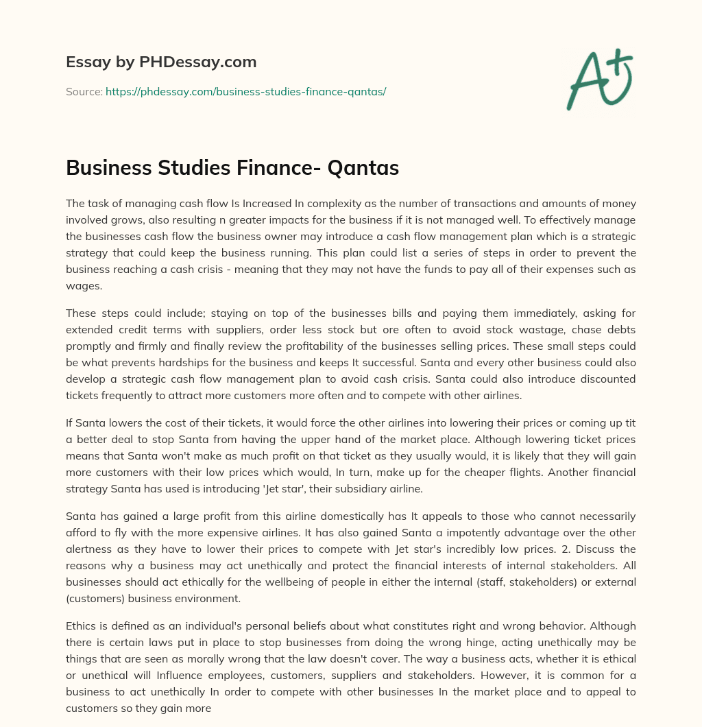 Business Studies Finance- Qantas essay