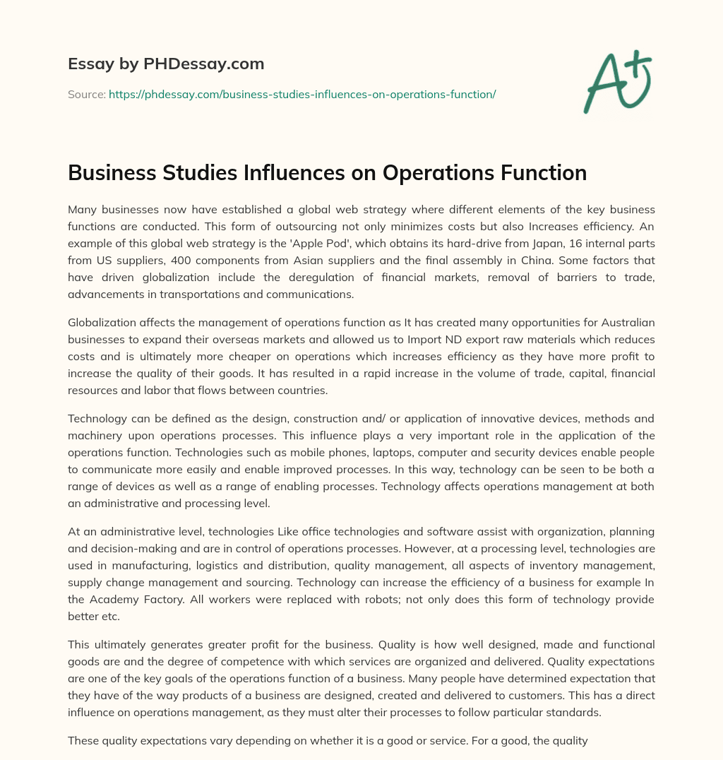 Business Studies Influences on Operations Function essay