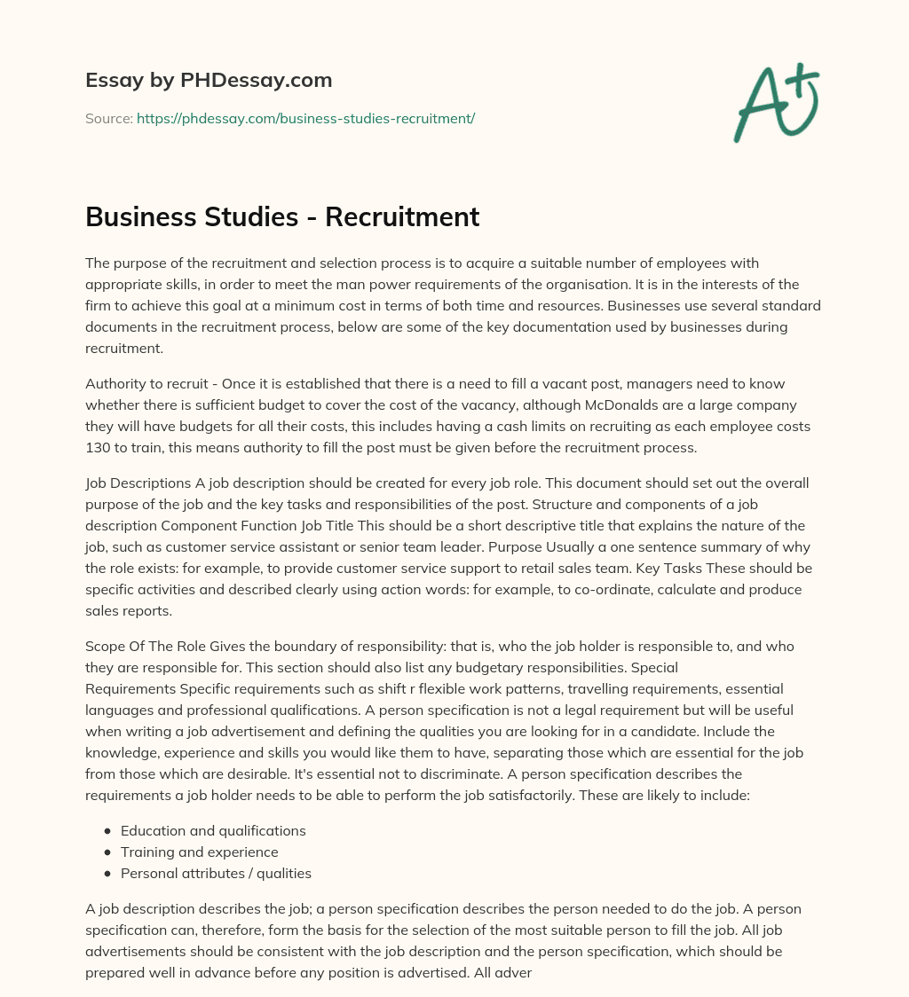 Business Studies – Recruitment essay