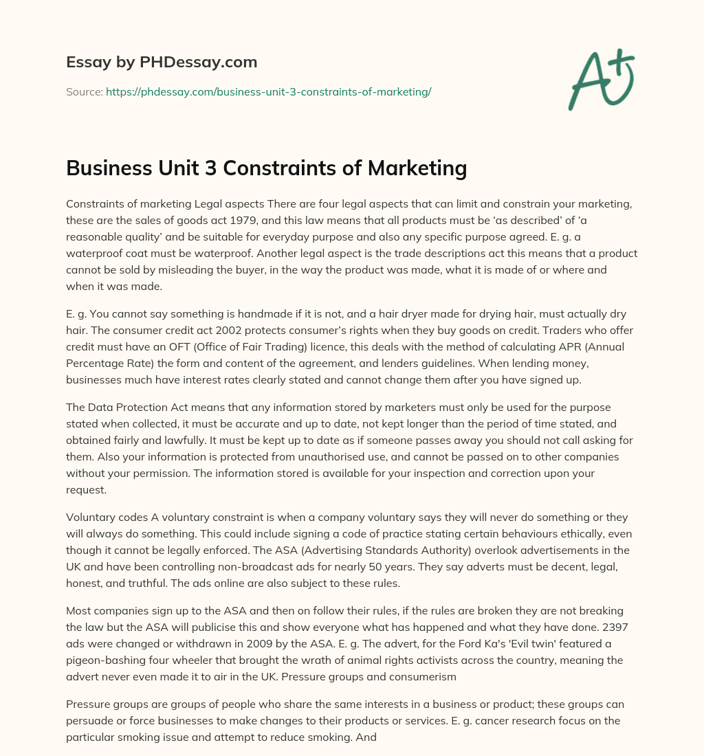 Business Unit 3 Constraints of Marketing essay